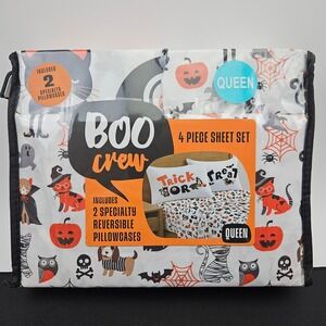 Queen Halloween‎ Boo Crew 4 Piece Sheet Set 2 Specialty Reversible Pillowcases